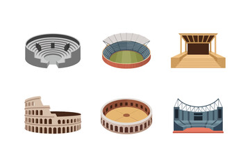 Ancient arena and coliseum icons, roman amphitheater vector, stadium facade illustration, historic landmark clipart, travel architecture element © RA Studio