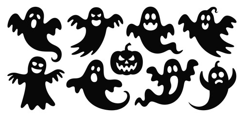 Obraz premium Spooky halloween ghost silhouettes and jack o lantern