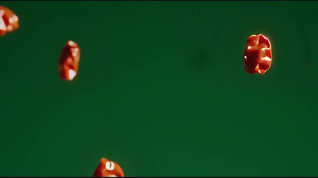 Dynamic Still Life: Floating Shiny Red Objects Against Emerald Green Background, a Visually Striking and Bold Culinary Presentation