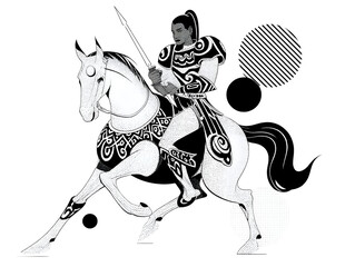 Bold warrior astride powerful steed, embodying strength and timeless adventure with striking graphic elements
