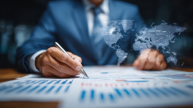 Focus on a business professional writing notes on financial reports while a digital map of the world appears in the background. The setting implies an analytical work environment