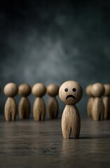 A lone, sad wooden figure stands in front of a blurred group, symbolizing isolation, loneliness, and feeling left out.