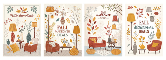 Autumn-themed promotional graphics featuring cozy furniture and vibrant foliage for fall makeover deals.
