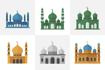 Mosque and minaret icon set, islamic dome vector, middle east architecture illustration, landmark clipart, city skyline elements