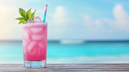 A refreshing pink drink with ice and mint, set against a beautiful beach backdrop.