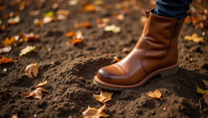 Brown leather boot stepping on soil with autumn leaves around  