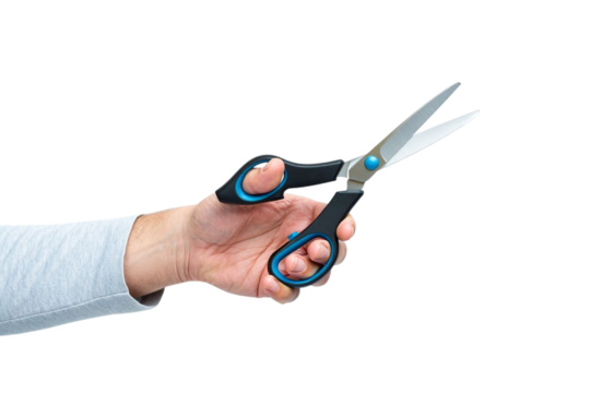 Hand holding professional hair cutting scissors isolated on transparent background