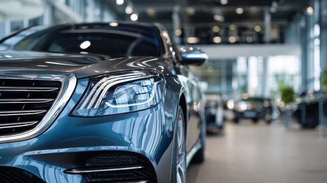 A luxury sedan sits prominently in a car dealership, highlighting its elegant design, shiny finish, and innovative technology. The spacious environment enhances its appeal