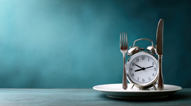 An alarm clock sits on a plate with a fork and knife, symbolizing timed eating, intermittent fasting, and mindful meal scheduling.