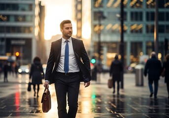 Confident businessman in a suit walking through a wet city street at sunset, carrying a briefcase