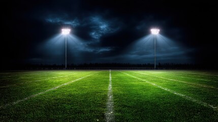 Empty football field illuminated by bright stadium lights under a dramatic night sky.
