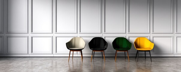 Four modern chairs in beige, black, green, and yellow stand against a classic white paneled wall.