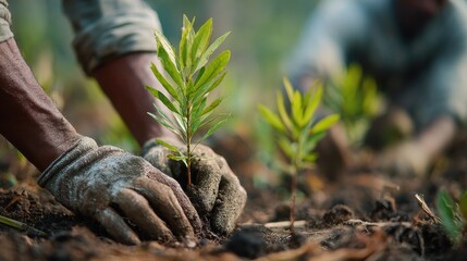 Individuals wearing gloves plant young saplings into rich soil, actively contributing to reforestation efforts in a vibrant green landscape during a clear afternoon