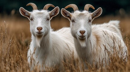 Fototapeta premium Two white goats standing in a field portrait farm animal livestock wildlife