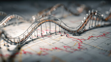 Printed financial graph shaped like a roller coaster track, market volatility metaphor