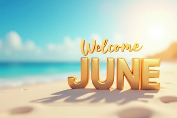 Welcome June in golden letters on sandy beach with blue ocean  