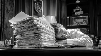 Business person buried under an oversized printed checklist on a desk, symbolic of task overload