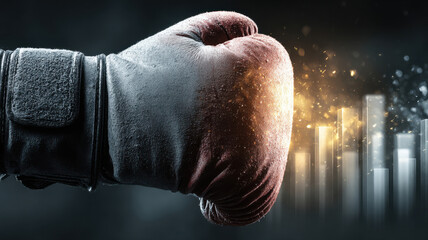 Close-up of boxer gloves punching floating glowing bar chart, overcoming market challenges