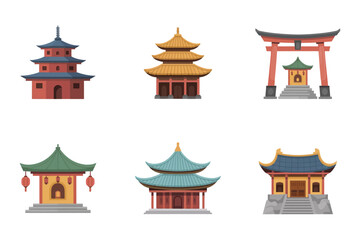 Fototapeta premium East asia pagoda and shrine bundle, temple halls and torii gate elements, heritage architecture, flat vector pack