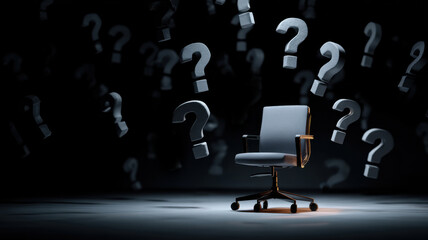 Office chair surrounded by floating question marks, symbolizing leadership pressure
