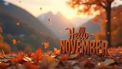 Autumn landscape with "Hello November" sign in falling leaves  