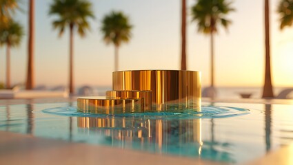 Obraz premium Golden podium in a pool at sunset with palm trees and ocean view