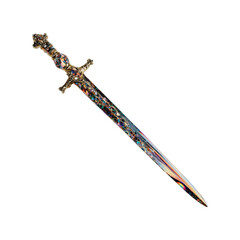 Ornate Decorative Dagger with Iridescent Blade, Isolated on Black Background