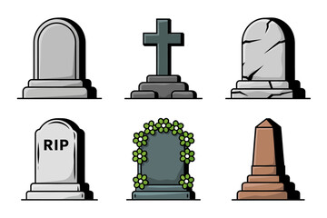 Tombstone and grave marker icons, cemetery headstone vector, rip inscription illustration, memorial stone clipart, gothic graveyard design