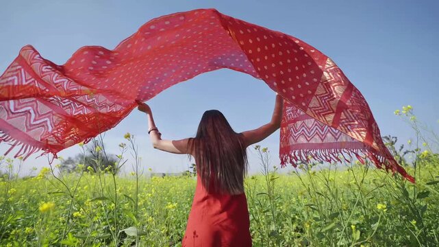 Cinematic scene of a young woman walking in a mustard field holding a red dupatta flowing in the wind, symbolizing freedom, romance, cultural lifestyle, and natural beauty.