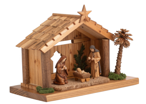 wooden nativity scene miniature isolated on a transparent background.	