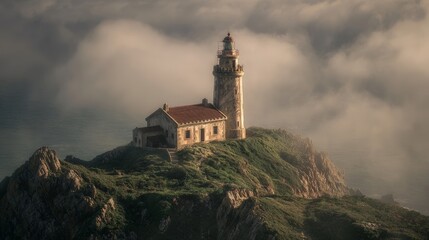 Historic lighthouse on rocky cliff surrounded by misty clouds.