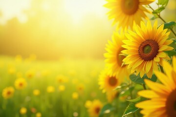 Obraz premium Sunflowers blooming in sunny field with bright sunlight illuminating 