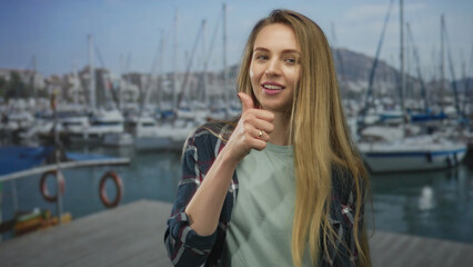 Young woman smiling at a marina with boats in the background, wearing casual clothes and showing a thumbs up gesture on a sunny day.