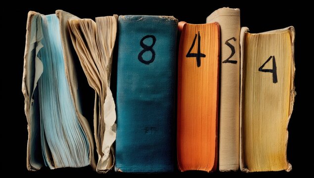 Row of weathered, antique books with visible page edges and handwritten numbers on spines