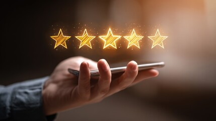 Client Feedback Excellence: A hand holds a smartphone displaying a 5-star rating, symbolizing customer satisfaction, quality, and superior service.