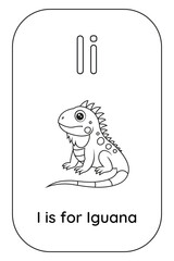 Isolated alphabet flashcards with Letters I with Iguana. Good for preschool learning, alphabet recognition and coloring