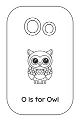 Isolated alphabet flashcards with Letter O with Owl. Good for preschool learning, alphabet recognition and coloring