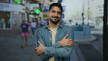 Young man embracing himself on an urban street with a serene, content expression, surrounded by a blurred cityscape, capturing a moment of introspection and peace outdoors.