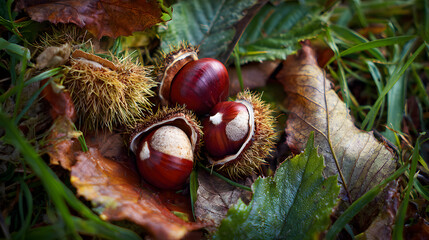 High-resolution image of chestnuts lying open amidst seasonal leaves and grassy forest floor