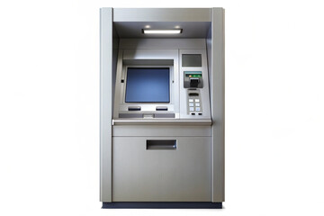Modern silver automated teller machine on a white background