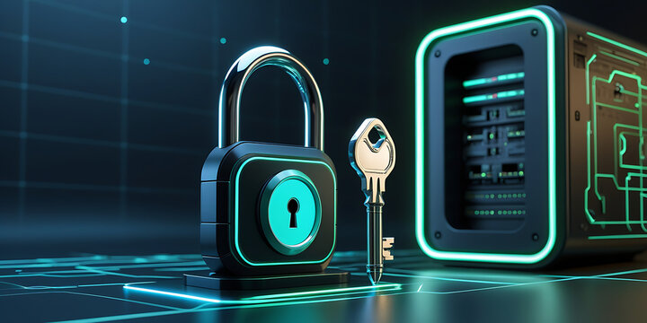 Digital lock with key security in cyber space background