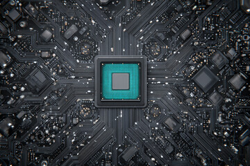 VISTA AÉREA DE UN MICROCHIP DE IA ESTILIZADO INTEGRADO EN UNA PLACA DE CIRCUITO