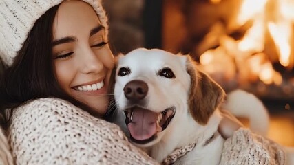 A happy young woman snuggles with her dog in a cozy atmosphere by the fireplace. The heartwarming scene evokes feelings of comfort and love.
