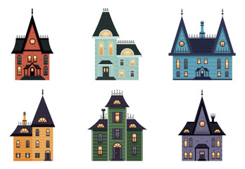 Obraz premium Set of isolated buildings icons in gothic style on transparent background. Cartoon style.Haloween decoration. Haunted Mansions. Spooky gothic village houses.Victorian buildings.Vector illustration.