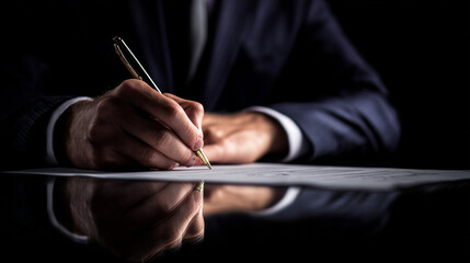 Closeup Businessman Signing Contract at Desk - Dark Background with Fountain Pen on Legal Documents, Professional Agreement Signing Ceremony
