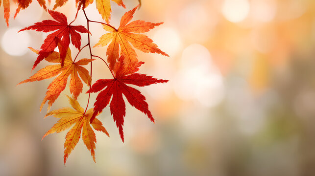 web banner design for autumn season and end year activity with red and yellow maple leaves with soft focus light and bokeh background