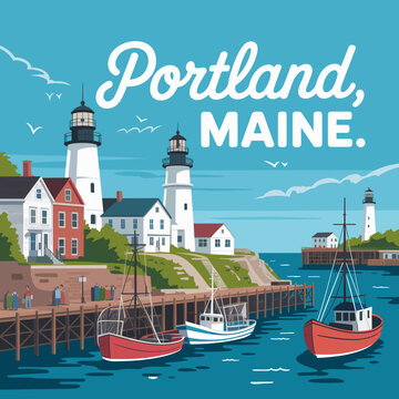 Portland Maine Lighthouse and Harbor Fishing Boats Poster