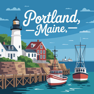Portland Maine Lighthouse and Harbor Fishing Boats Poster