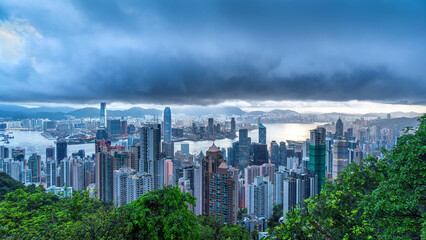 Aerial view of Victoria harbor before a typhoons in Hong Kong.