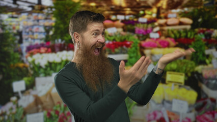 Man with long red beard gestures with open palms and excited grin at colorful flower market stall; joy.